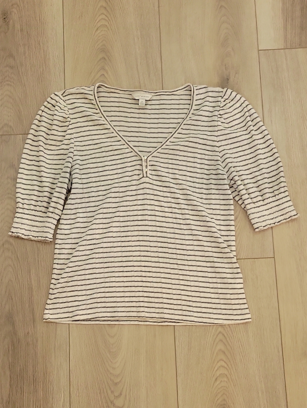 Lucky Brand White Top with Black Stripes and V-Notch
